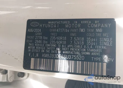 2025 Hyundai Tucson Sel from USA, damaged, VIN KM8JB3DE6SU375520